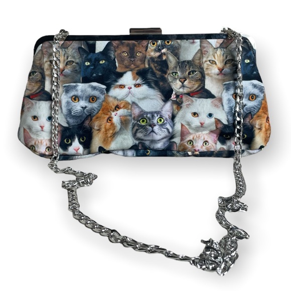 Handbags - Cat Lady All Over Cat Face Collage Hand Bag With Chain